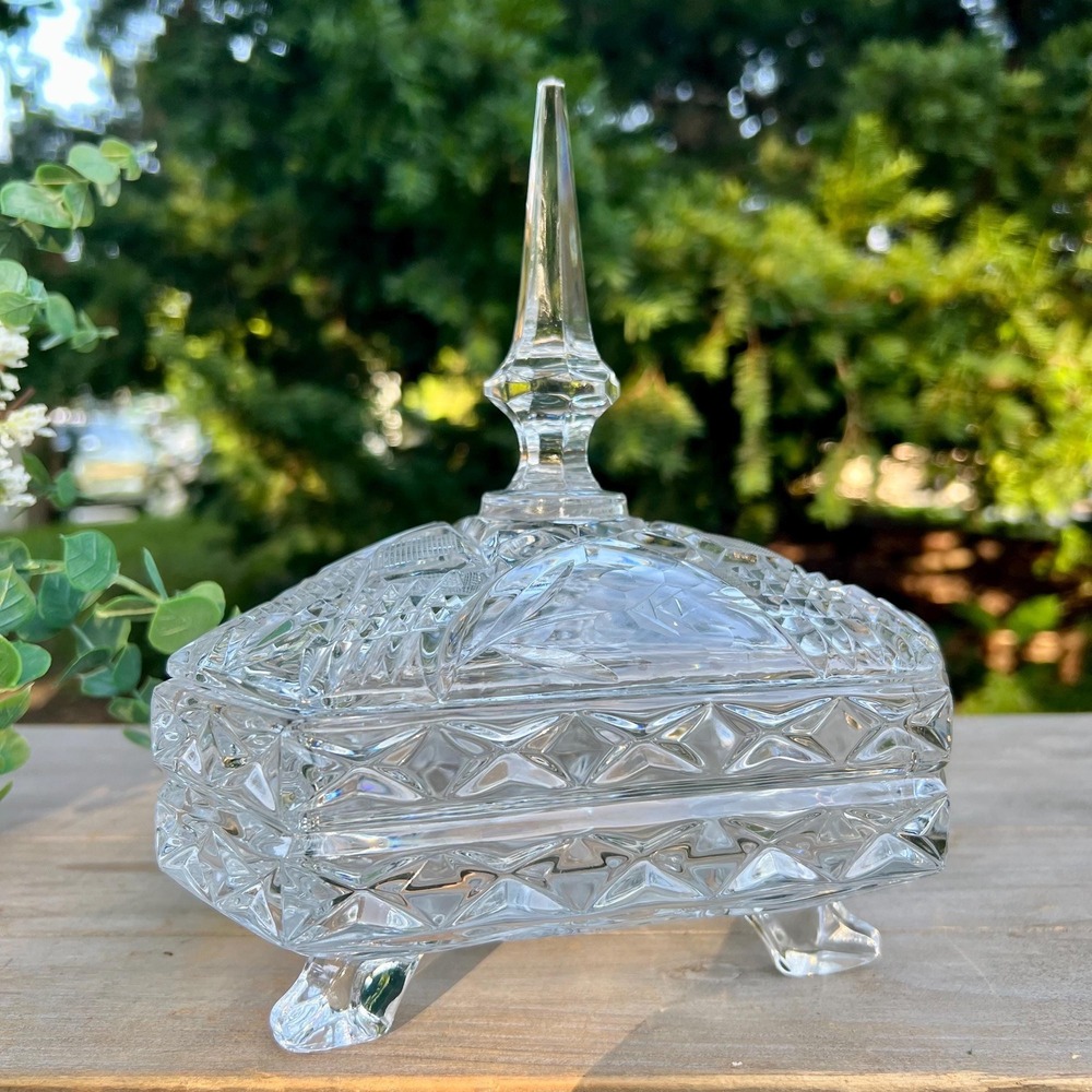 Vintage Glass Hexagon Footed Floral Candy Dish